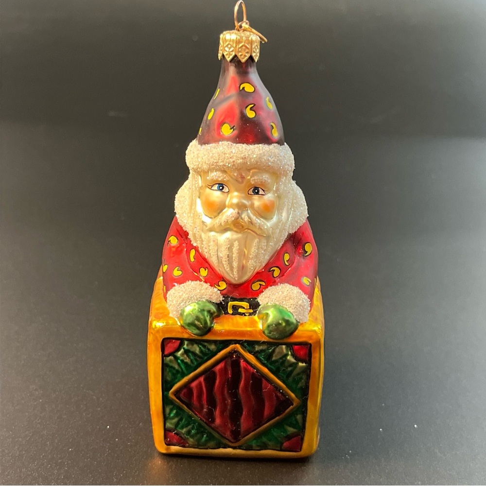 Vtg Dept 56 Mercury Glass St Nick Xmas Red & Gold Ornament 6” Santa In Box Block